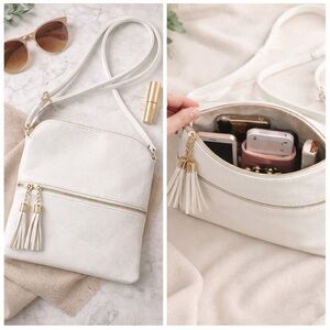 White Faux Leather Crossbody Bag with Tassel Zipper · Adjustable Strap · NWOT